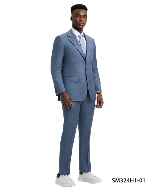 Solid Textured Sharkskin Ocean 3 Piece Notch Lapel Stacy Adams Men's Hybrid Suit