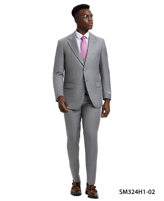 Solid Textured Sharkskin Stone Grey 3 Piece Notch Lapel Stacy Adams Men's Hybrid Suit