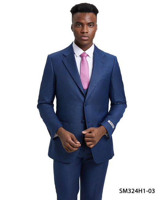 Solid Textured Sharkskin Blue 3 Piece Notch Lapel Stacy Adams Men's Hybrid Suit