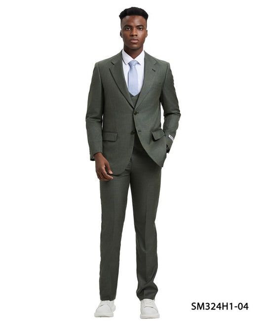 Solid Textured Sharkskin Olive 3 Piece Notch Lapel Stacy Adams Men's Hybrid Suit