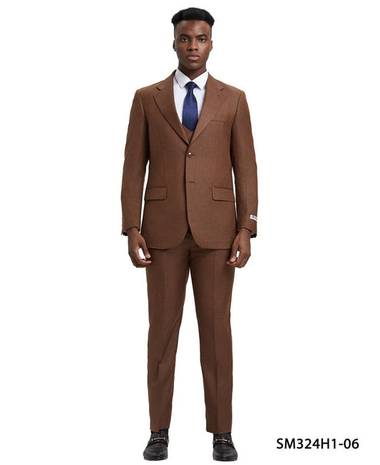 Solid Textured Sharkskin Cognac 3 Piece Notch Lapel Stacy Adams Men's Hybrid Suit