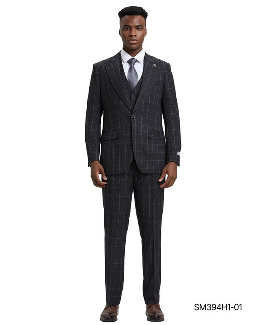 Dark Grey Windowpane 3 Piece Notch Lapel Stacy Adams Men's Hybrid Suit