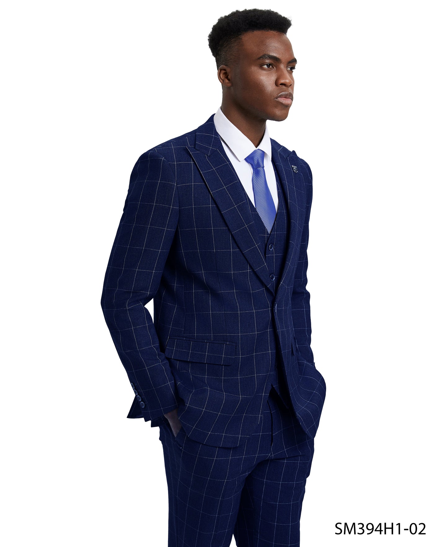 Blue Windowpane 3 Piece Notch Lapel Stacy Adams Men's Hybrid Suit