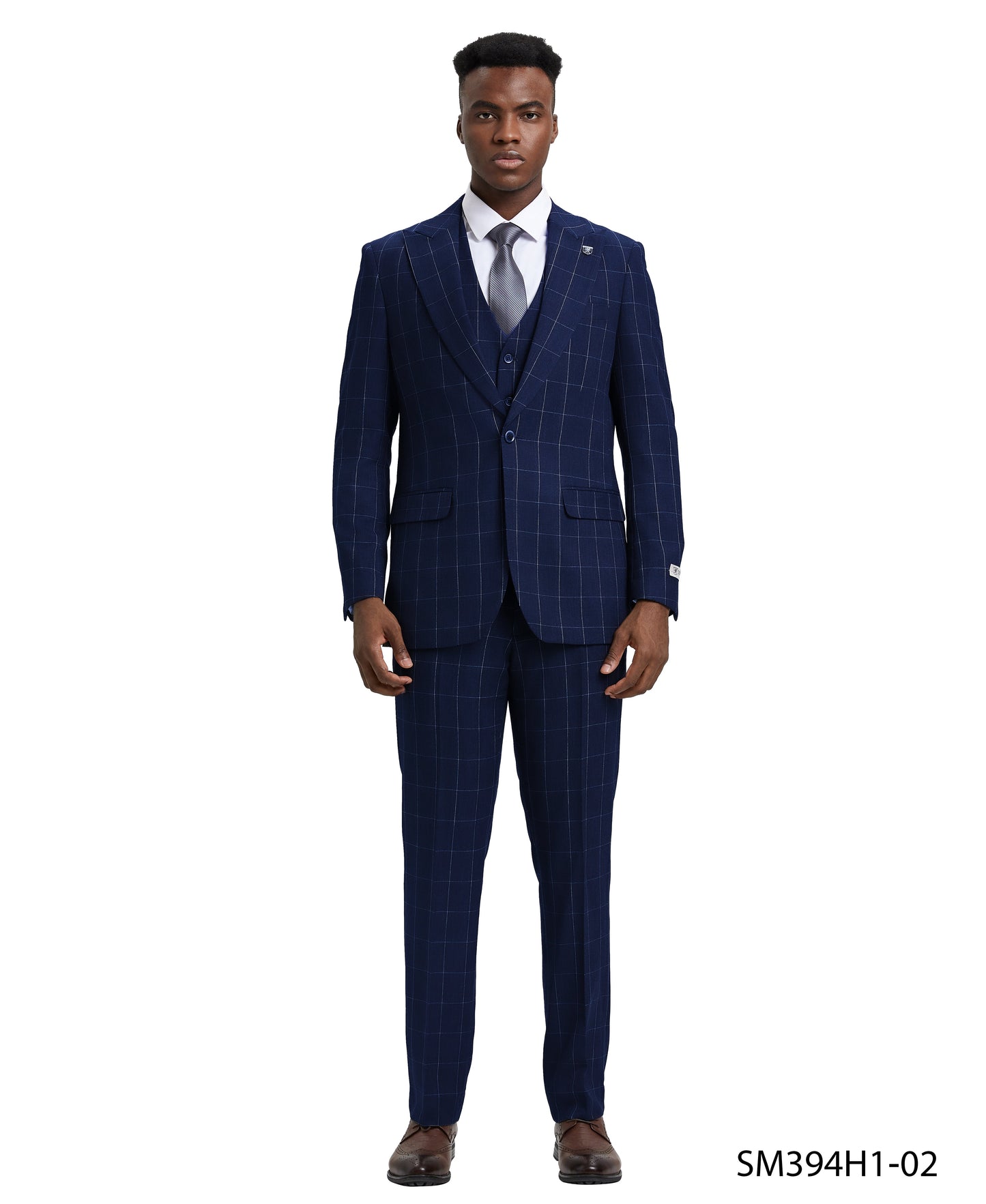 Blue Windowpane 3 Piece Notch Lapel Stacy Adams Men's Hybrid Suit