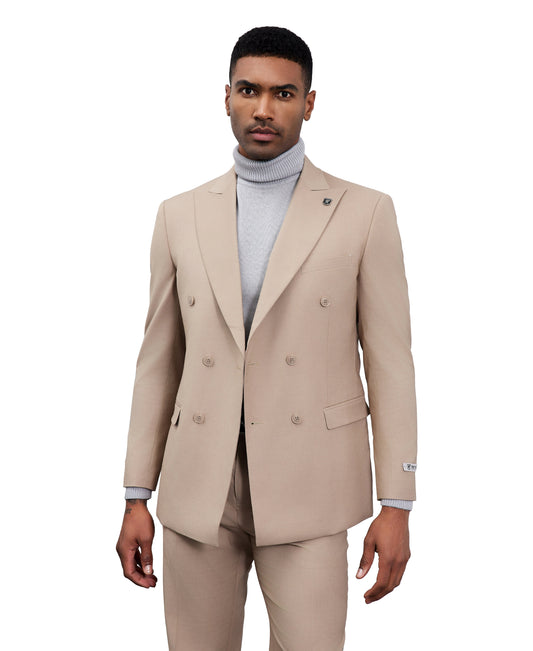 Solid Med Tan Double Breasted 2 Piece Notch Lapel Stacy Adams Men's Hybrid Suit