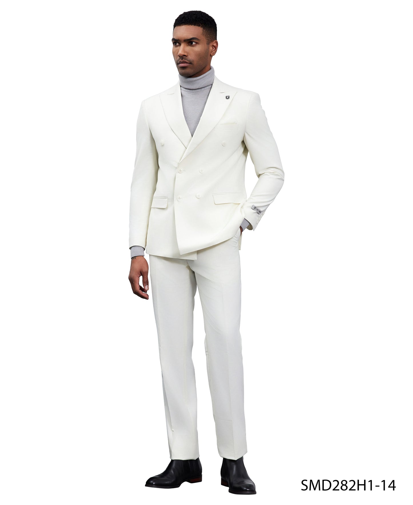 Solid Ivory Double Breasted 2 Piece Notch Lapel Stacy Adams Men's Hybrid Suit