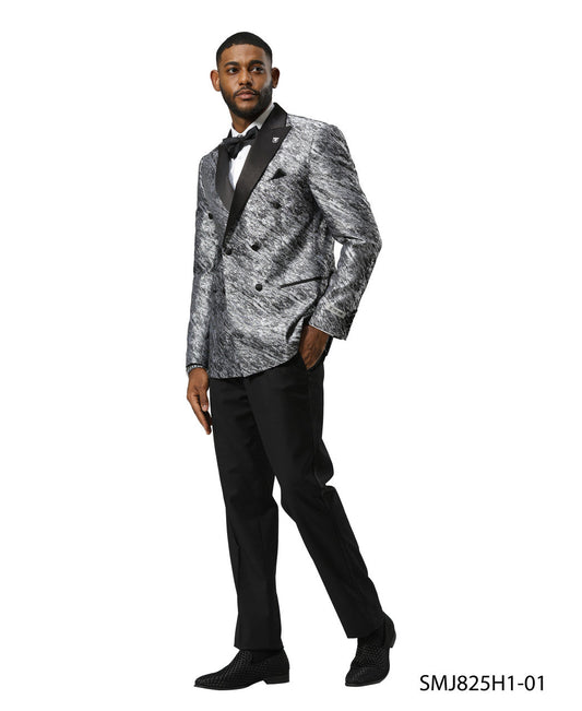 Silver Double Breasted Rough Streak Pattern Satin Peak Lapel Stacy Adams Men's Jacket