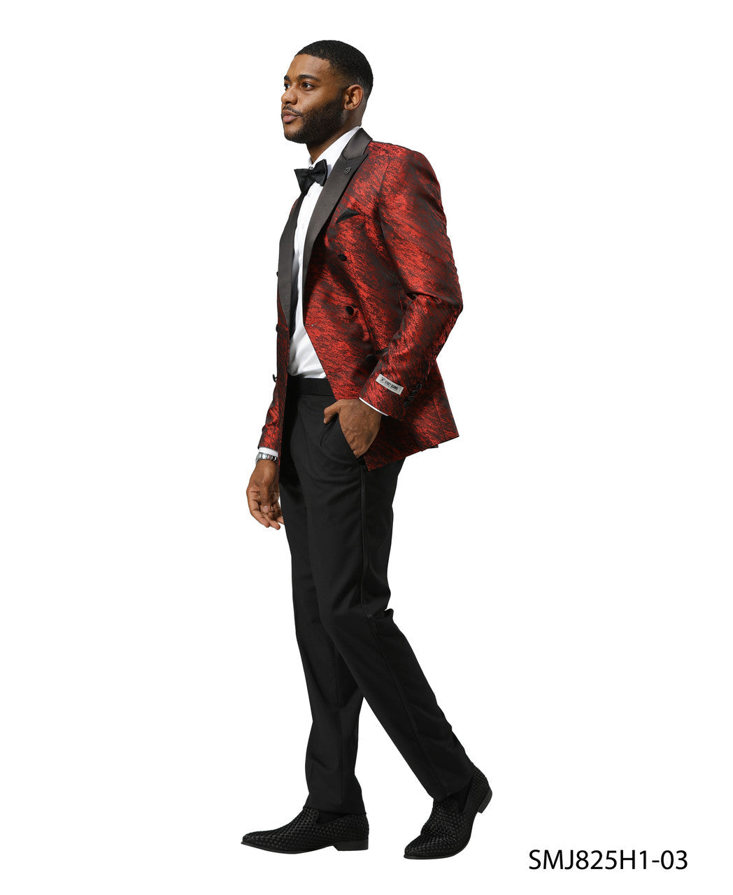 Red Double Breasted Rough Streak Pattern Satin Peak Lapel Stacy Adams Men's Jacket