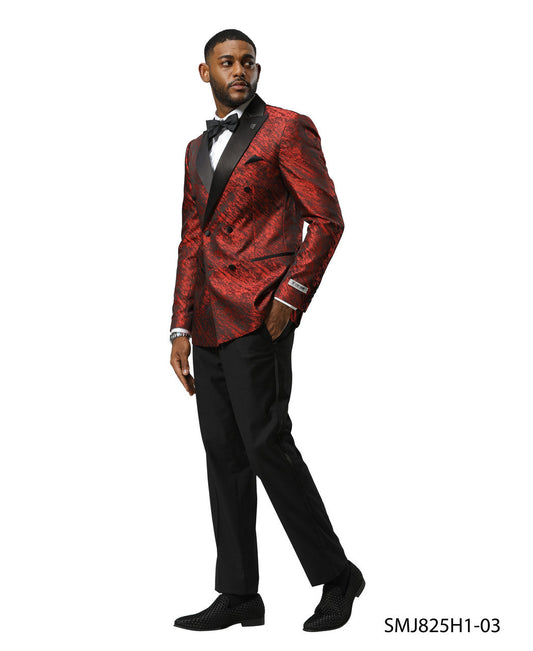 Red Double Breasted Rough Streak Pattern Satin Peak Lapel Stacy Adams Men's Jacket