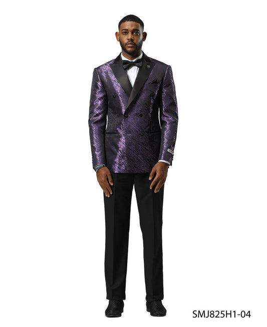 Purple Double Breasted Rough Streak Pattern Satin Peak Lapel Stacy Adams Men's Jacket