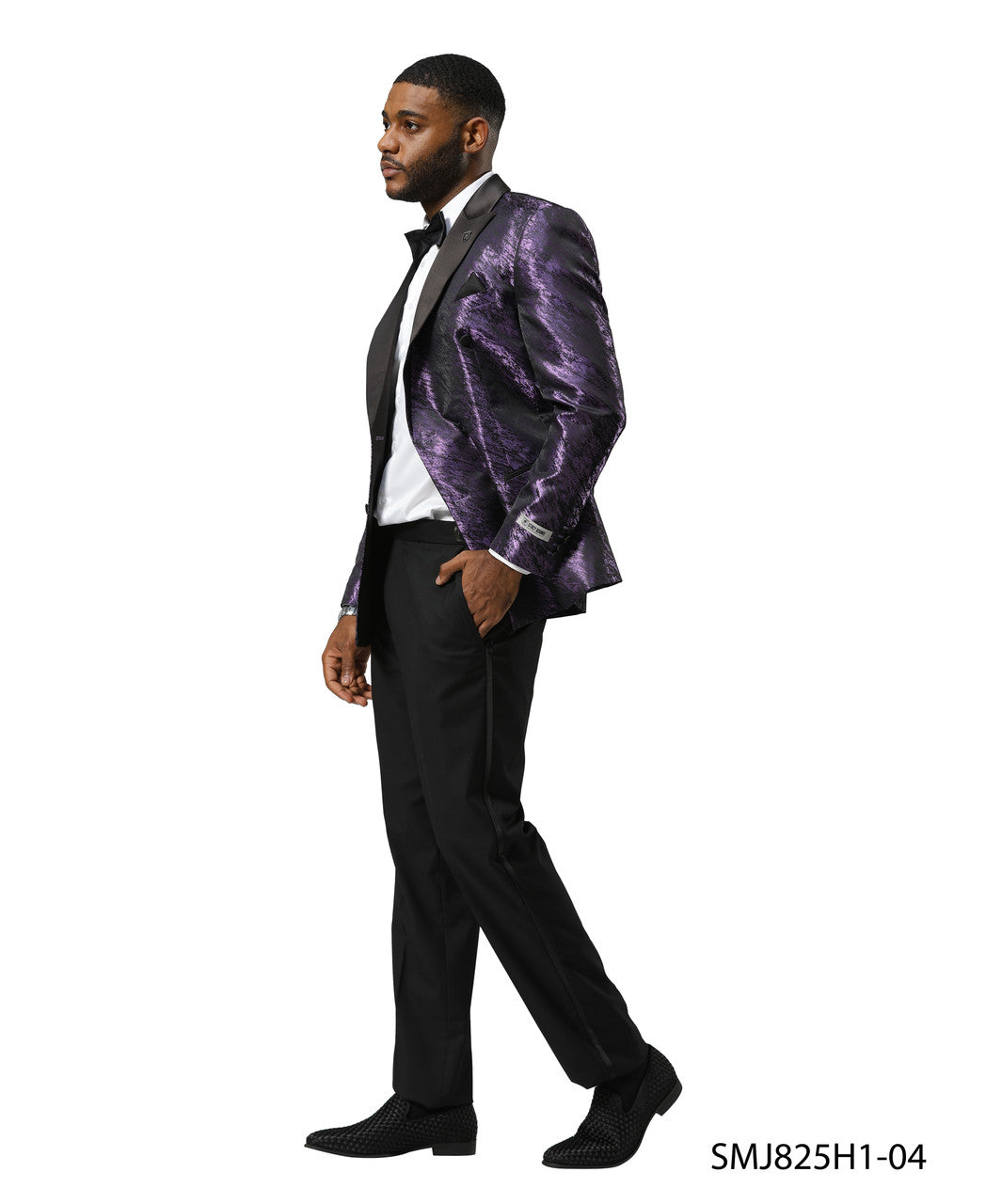 Purple Double Breasted Rough Streak Pattern Satin Peak Lapel Stacy Adams Men's Jacket