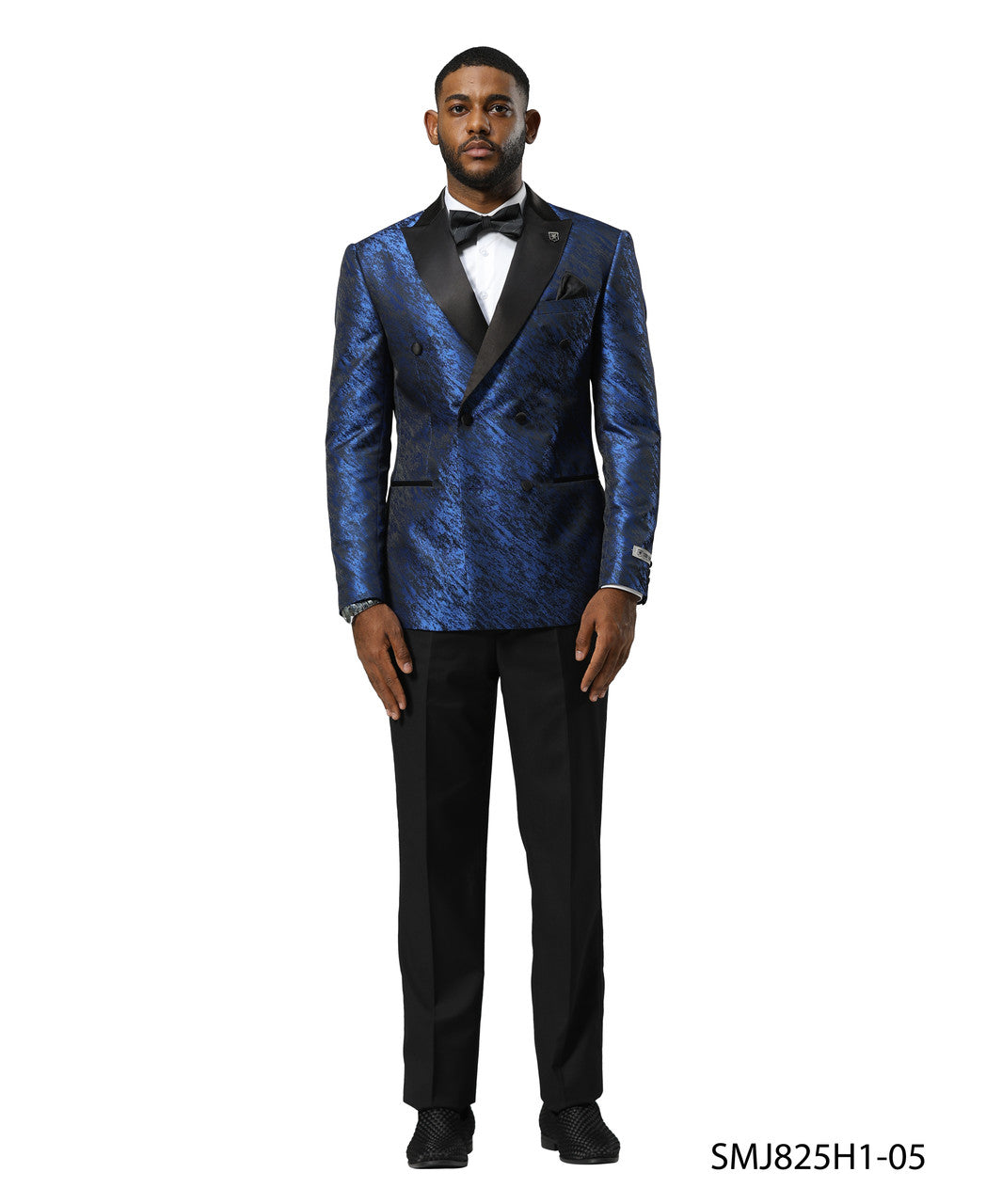 Blue Double Breasted Rough Streak Pattern Satin Peak Lapel Stacy Adams Men's Jacket