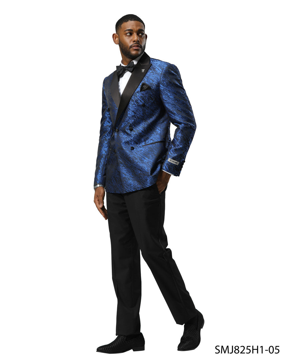 Blue Double Breasted Rough Streak Pattern Satin Peak Lapel Stacy Adams Men's Jacket