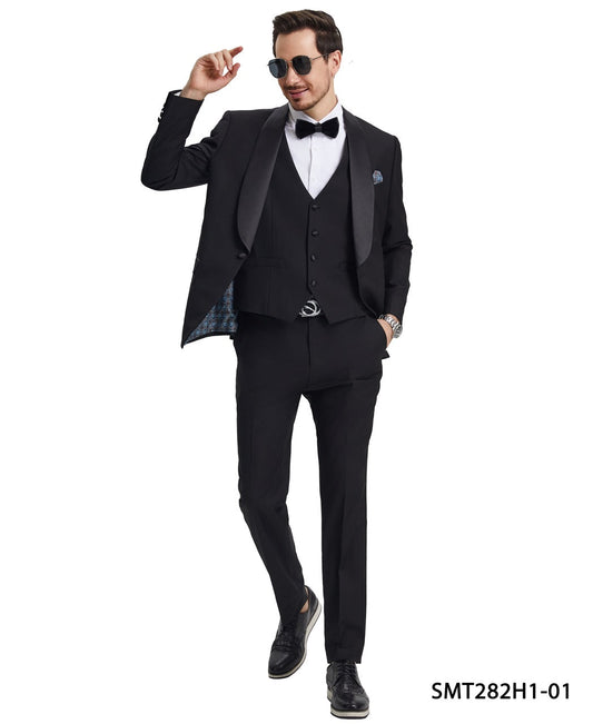 Black/Black Satin Shawl Lapel 3 Piece Stacy Adams Men's Hybrid Tuxedo
