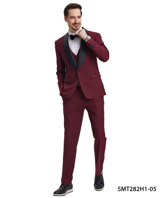Burgundy/Black Satin Shawl Lapel 3 Piece Stacy Adams Men's Hybrid Tuxedo